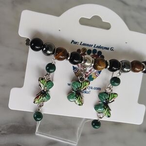 Butterfly Charm Bracelet with Green and Brown Beads